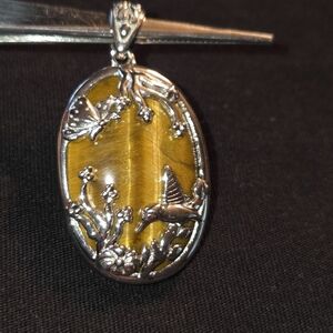 Tiger's Eye Pendant with Butterfly & Hummingbird Design (#2)